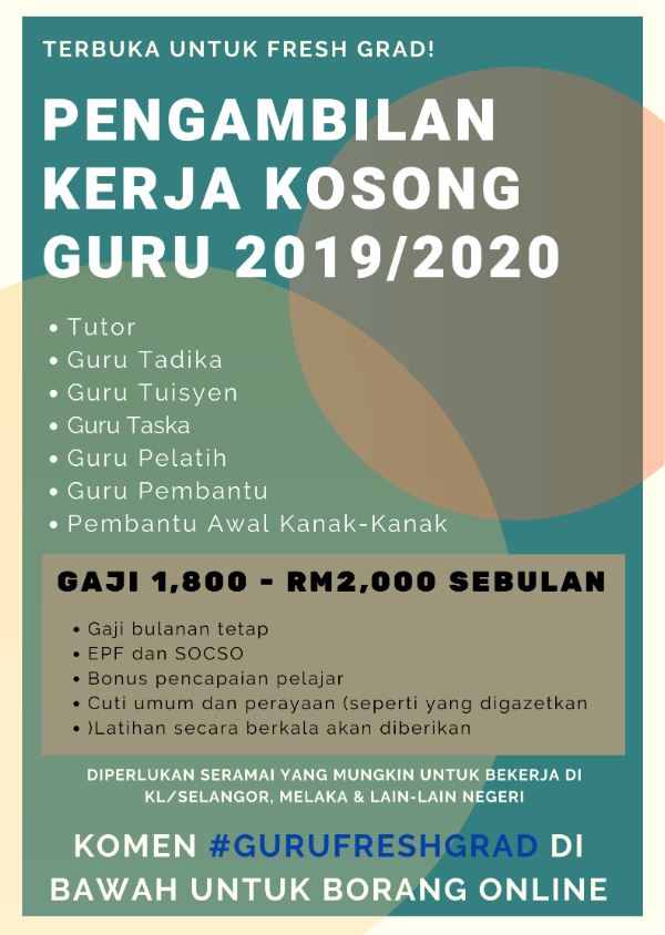 Pengambilan Kerja Kosong Guru 2019/2020 Untuk Fresh Grad 